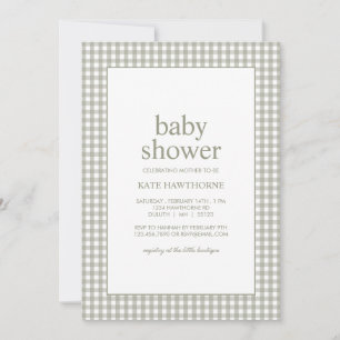 Cute Gingham Sage Green Gender Neutral Baby Shower Invitation