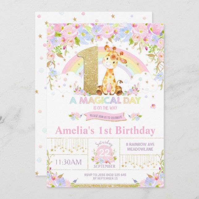 Cute Giraffe 1st Birthday Party Invitation Girl (Front/Back)