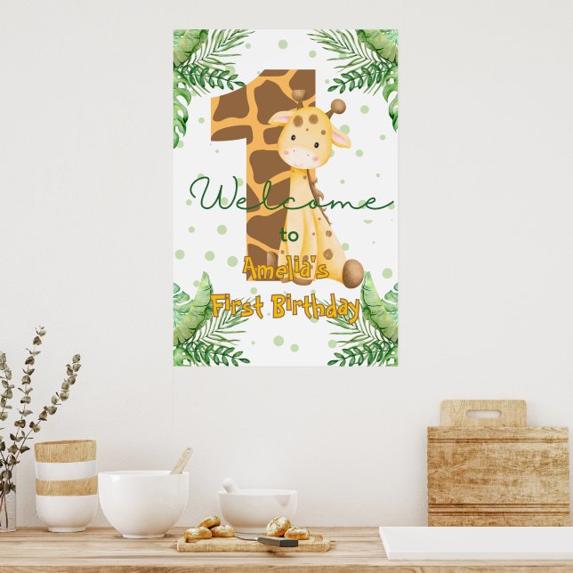 Cute Giraffe 1st Birthday Welcome Poster (Kitchen)