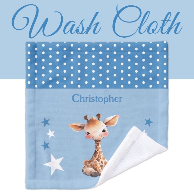 Cute giraffe add name polka dots stars blue wash cloth (Creator Uploaded)