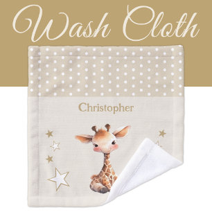 Cute giraffe add name polka dots stars brown wash cloth