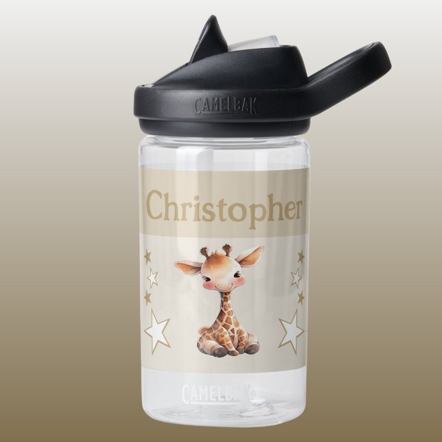 Cute giraffe add name with stars kids brown water bottle (Creator Uploaded)