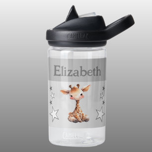 Cute giraffe add name with stars kids grey water bottle
