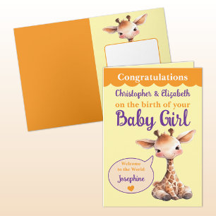 Cute giraffe add names orange purple baby girl card