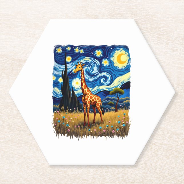 Cute Giraffe Africa - Starry Night T-Shirt Paper Coaster (Front)