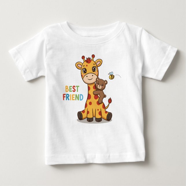 Cute Giraffe and Bear Best Friends Illustration Baby T-Shirt (Front)
