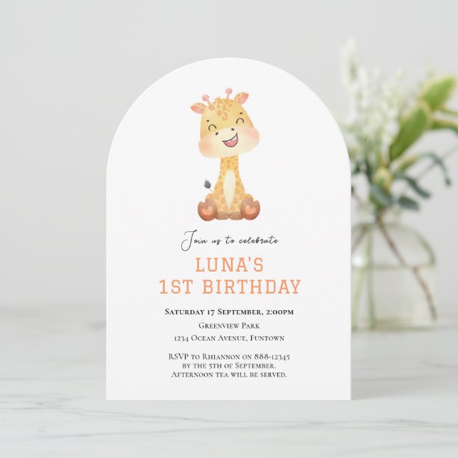 Cute Giraffe arch 1st birthday invitation (Standing Front)
