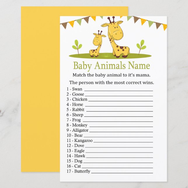 Cute giraffe Baby Animals Name Game (Front/Back)