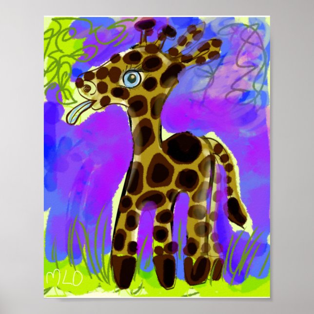 Cute Giraffe Baby Eating A Leaf Art Poster (Front)