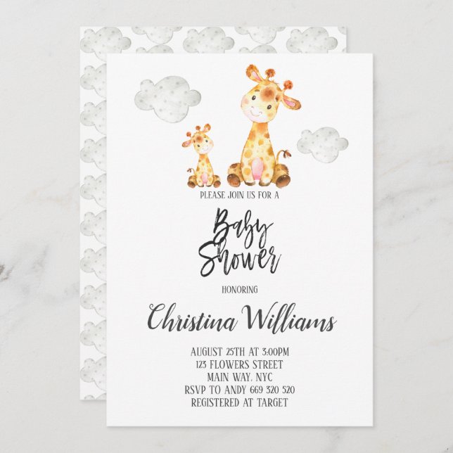 Cute Giraffe Baby Shower Neutral Grey Mum & Baby Invitation (Front/Back)