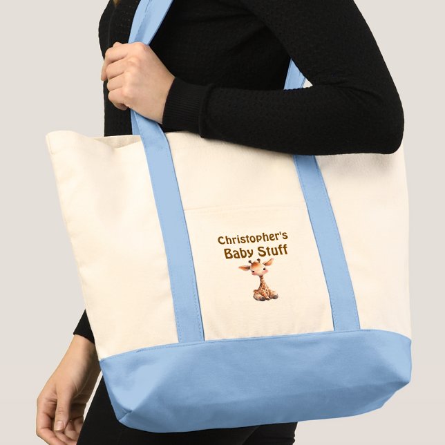 Cute giraffe baby stuff name blue brown tote bag (Creator Uploaded)