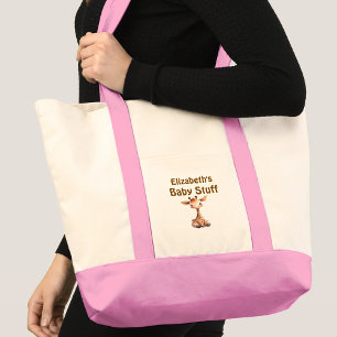 Cute giraffe baby stuff name pink brown tote bag