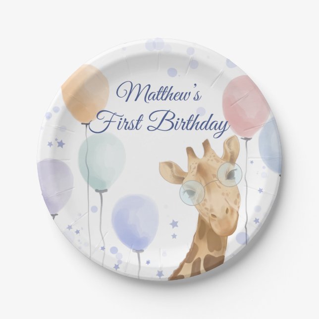 Cute Giraffe Balloon Boy First Birthday  Paper Plate (Front)
