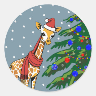 Cute Giraffe Beanie and Scarf with Christmas Tree Classic Round Sticker