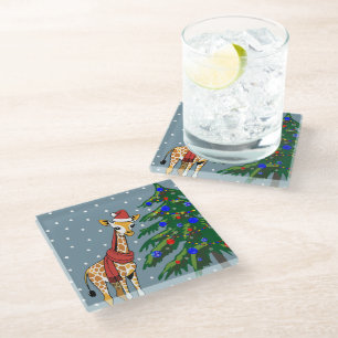 Cute Giraffe Beanie and Scarf with Christmas Tree Glass Coaster