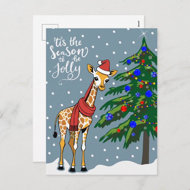 Cute Giraffe Beanie and Scarf with Christmas Tree Holiday Postcard (Front/Back)