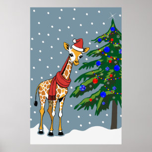 Cute Giraffe Beanie and Scarf with Christmas Tree Poster