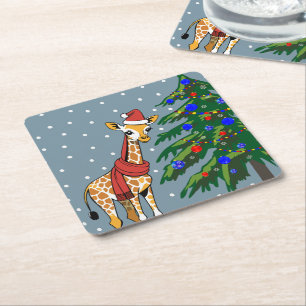 Cute Giraffe Beanie and Scarf with Christmas Tree Square Paper Coaster