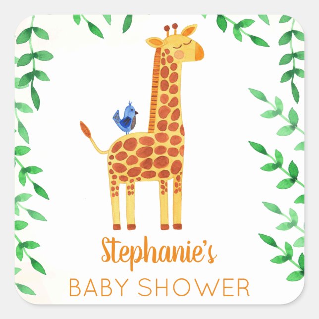 Cute Giraffe & Bird Baby Shower Square Sticker (Front)