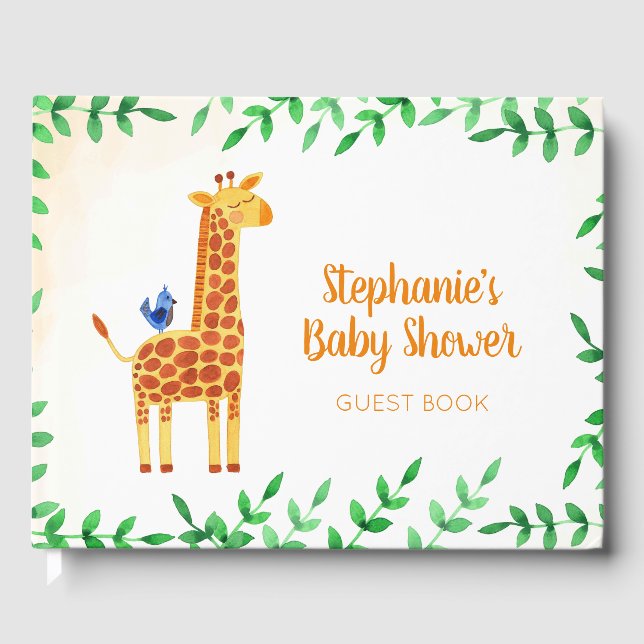 Cute Giraffe & Bird Personalised Baby Shower Guest Book (Front)