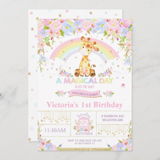 Cute Giraffe Birthday Party Invitation Girl (Front/Back)