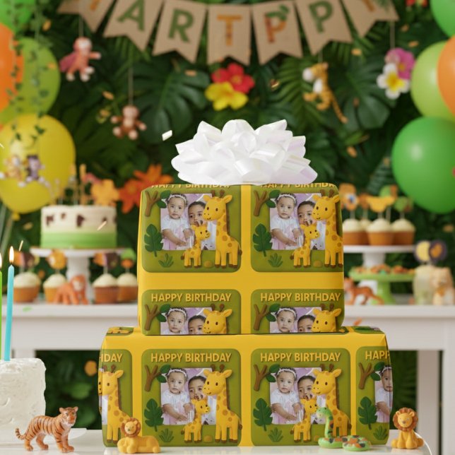 Cute Giraffe Birthday Photo Customizable Wrapping Paper (Creator Uploaded)