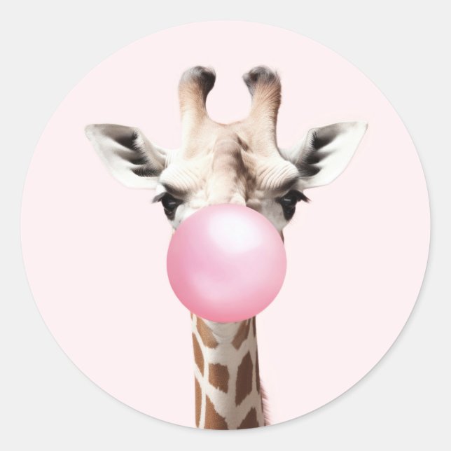 Cute Giraffe Blowing Pink Bubble Gum Stickers (Front)