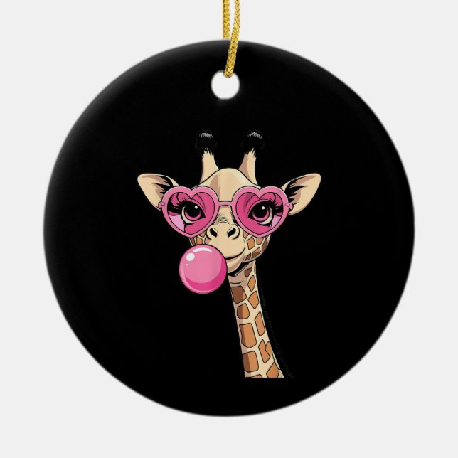 Cute Giraffe Blowing Pink Bubble Gum Sunglasses  Ceramic Tree Decoration (Front)