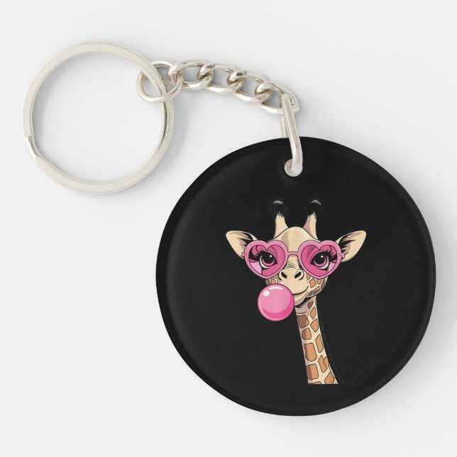 Cute Giraffe Blowing Pink Bubble Gum Sunglasses  Key Ring (Front)