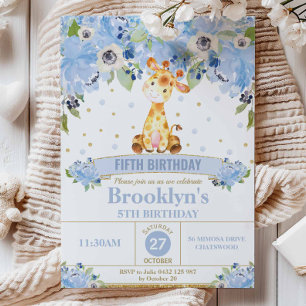 Cute Giraffe Blue Floral Birthday Party Invitation