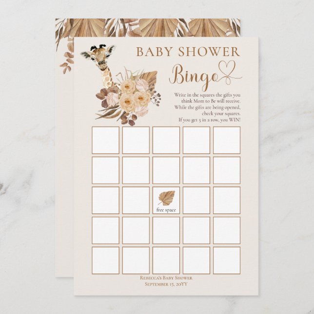 Cute Giraffe Boho Dried Grasses Baby Shower Bingo  Invitation (Front/Back)