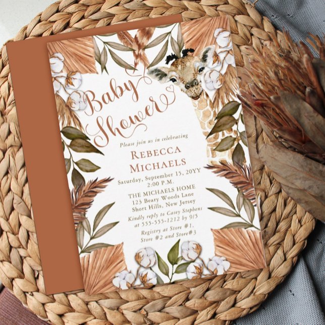 Cute Giraffe Boho Dried Grasses Baby Shower Invitation (Creator Uploaded)