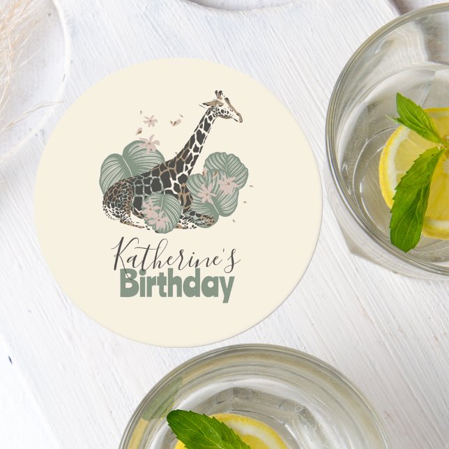 Cute Giraffe Botanical Animal Birthday Party Round Paper Coaster (Creator Uploaded)