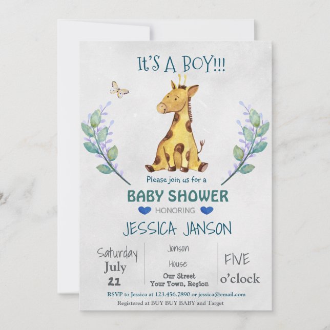 CUTE GIRAFFE BOY BABY SHOWER INVITATION (Front)