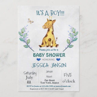 CUTE GIRAFFE BOY BABY SHOWER INVITATION
