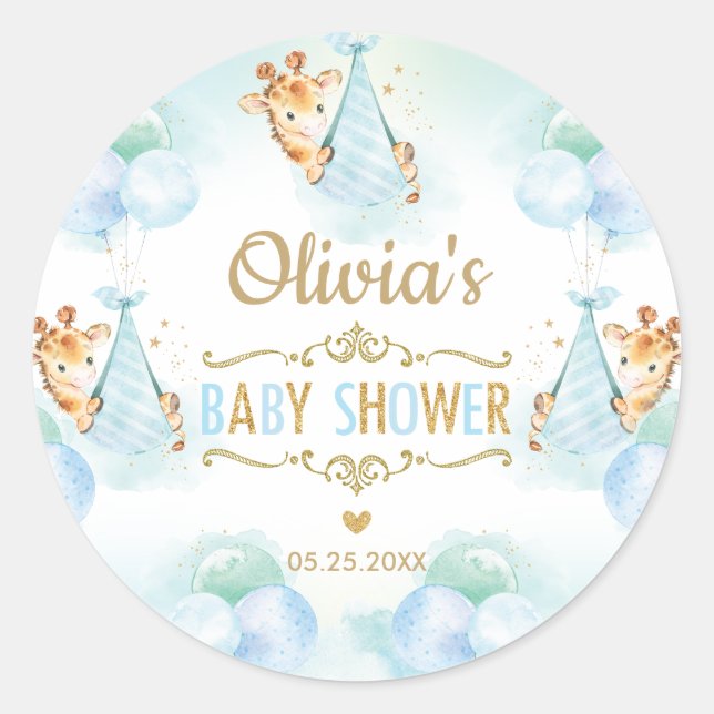 Cute Giraffe Boy Baby Shower Thank You Favour Classic Round Sticker (Front)