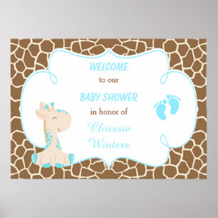 Cute Giraffe Boy Blue Baby Shower Poster