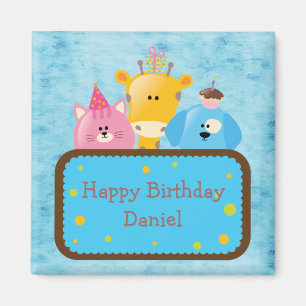 Cute Giraffe Cat & Dog Personalised Happy Birthday Magnet