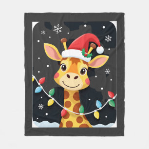 Cute Giraffe Christmas Lights Santa Hat Xmas Pajam Fleece Blanket