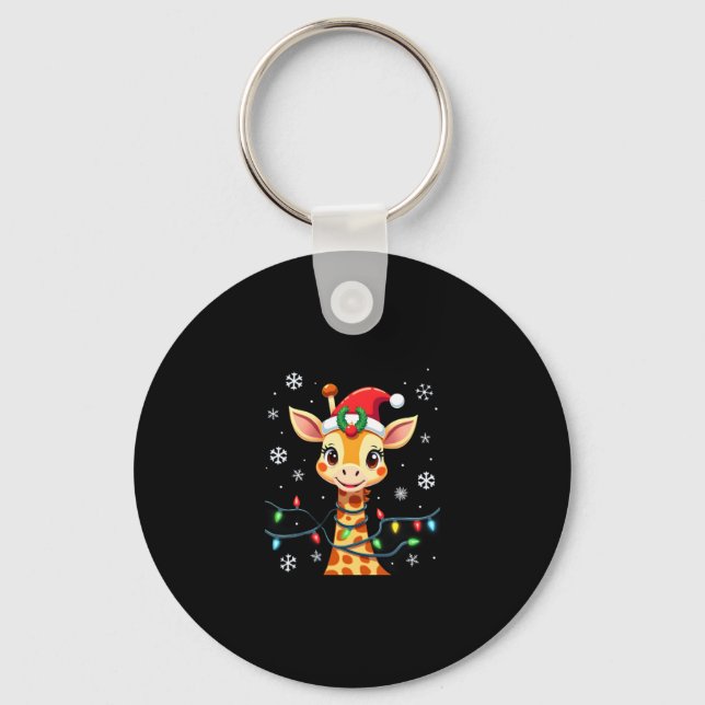 Cute Giraffe Christmas Lights Santa Hat Xmas Pajam Key Ring (Front)