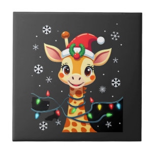 Cute Giraffe Christmas Lights Santa Hat Xmas Pajam Tile