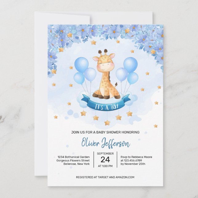 Cute giraffe clouds in sky blue flowers boy baby invitation (Front)