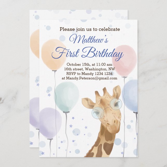 Cute Giraffe Colourful Balloon Boy Birthday Invitation (Front/Back)