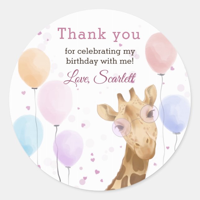 Cute Giraffe Colourful Balloon Girl Birthday  Classic Round Sticker (Front)