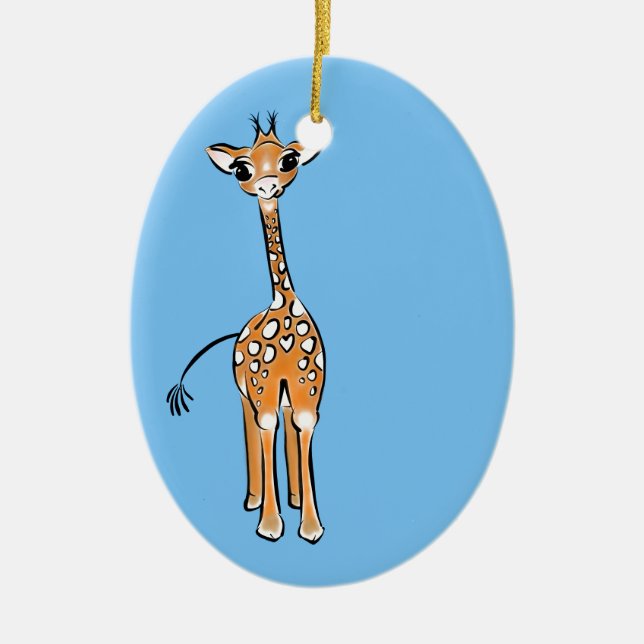 Cute Giraffe drawing safari animals blue Ceramic Tree Decoration (Front)