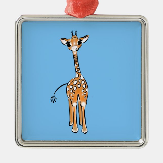 Cute Giraffe drawing safari animals blue Metal Tree Decoration (Front)