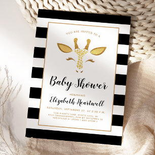 Cute Giraffe Face Gold Black Baby Shower Invitation