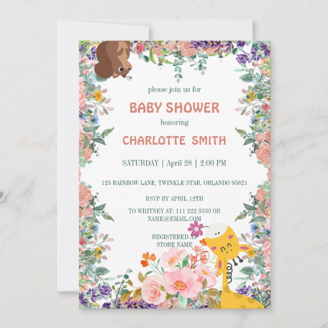 Cute giraffe floral flower watercolor baby shower invitation (Front)