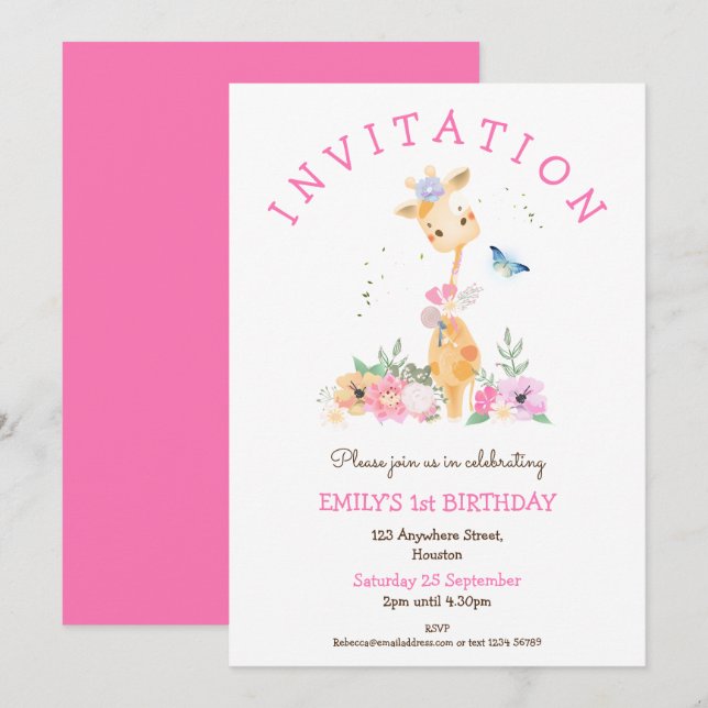 Cute Giraffe Flowers Girls 1st Birthday Party Invitation (Front/Back)