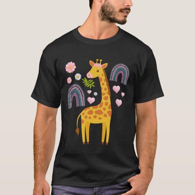 Cute Giraffe Flowers Hearts Rainbows Animal Lover T-Shirt (Front)